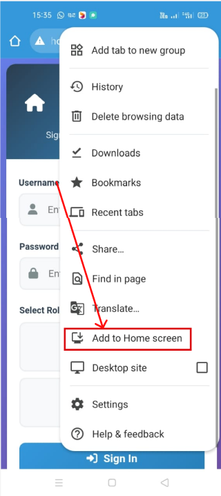 Step 2 - Add to Home Screen option